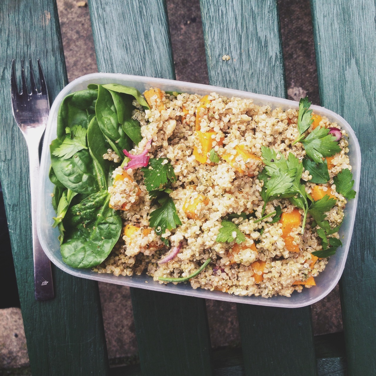 iamnotover:  Best lunchbox ever: Roasted butternut squash and vegan pesto quinoa