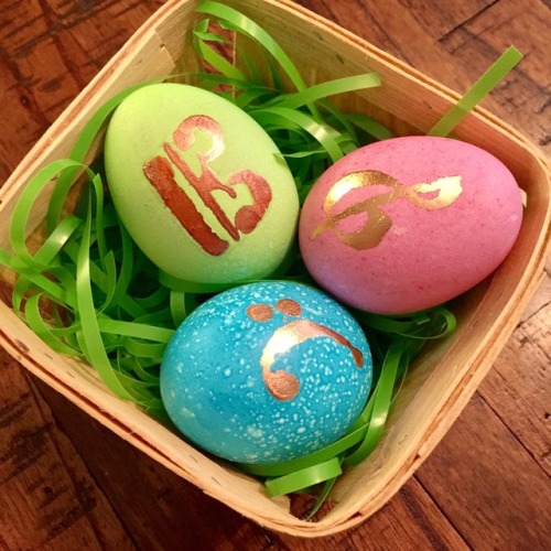 Music Easter eggs with copper leaf. Bass clef. Alto clef. Treble clef. 