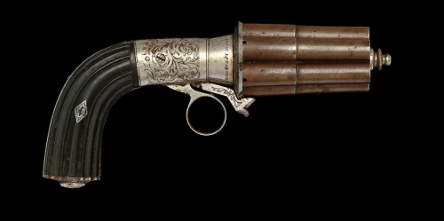 A six shot pepperbox revolver originating from France. Signed “Inv.on Lefaucheux Bté, Rue De L