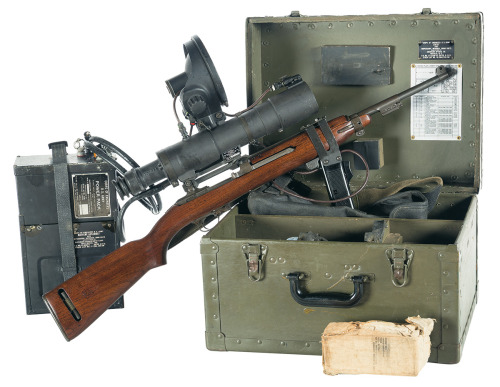 M1 carbine with M3 infrared scope, battery pack, and various accessories. Circa World War II and Kor