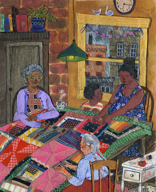 “QUILTING” For February in the Taproot Magazine 2016 calendar.Watercolor, collage, colored pencil. P