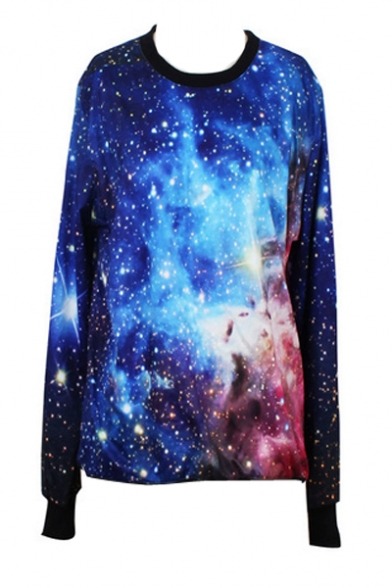 soldieronnnn:  Cosmic Print Shimmering Sky Print Galaxy Print Round Charming Starry Print New Style Long Sleeve Starry Print Top 