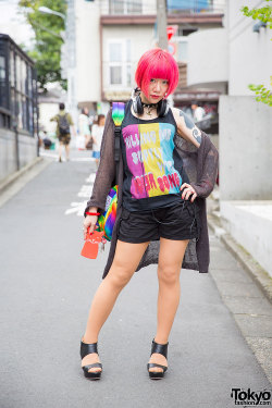 tokyo-fashion:  Miya on the street in Harajuku with pink hair, cat tattoos, piercings, and Vivienne Westwood accessories. Full Look