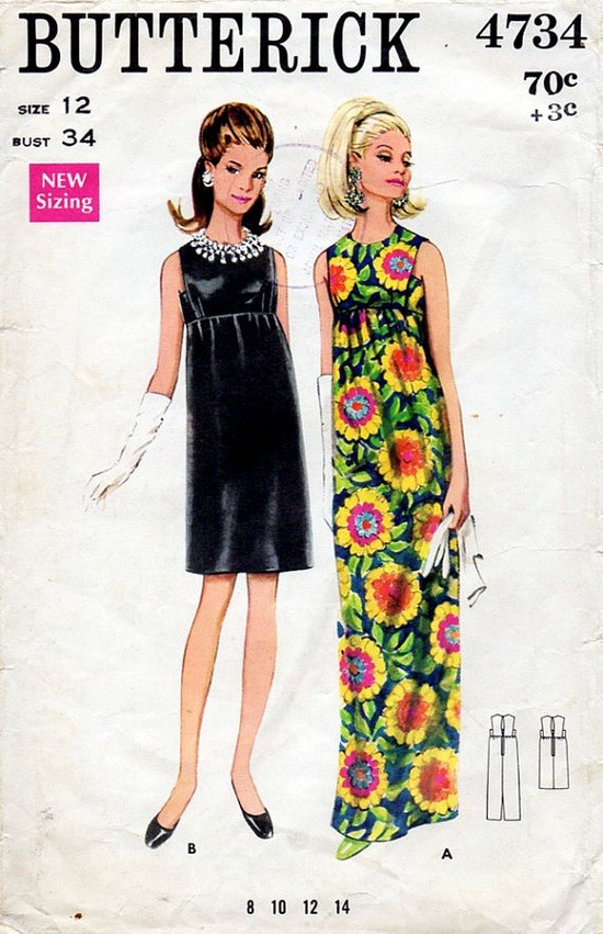 theswinginsixties:  1960s empire line evening dress sewing pattern illustration.