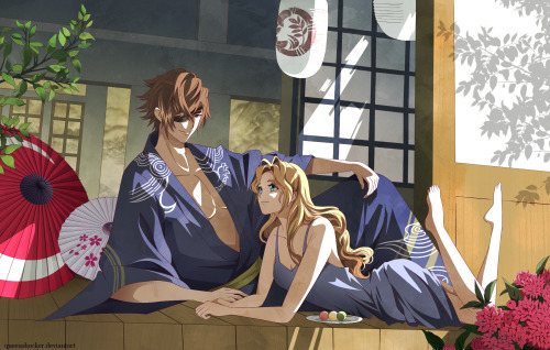 Art commission I made for @crazyinthebestway. Masamune and Carmen having a breakfast after a spicy e