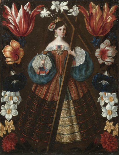 Saint Helena surrounded by a garland of flowers by an artist of the Spanish School, 17th centur