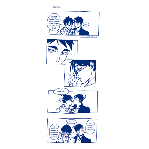 biyachi:fiendishpal:osaaka (8/?)they’re going on a friendly outing[ID: Five blue and white panels of