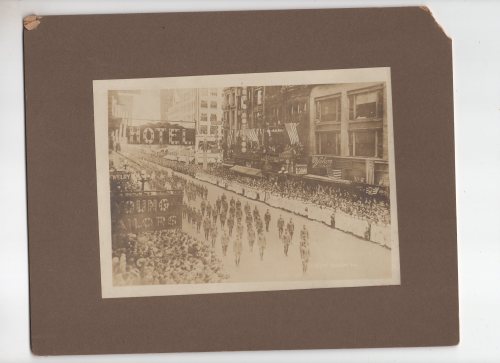 Antique Military Parade Photo Taken From High Perch WWI? Note all the cool signs and flags on the st