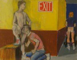 commiepinkofag:  In the Back Room, Patrick Angus, Colored pencil on paper, 11 x 14&quot;, 19892010.112.14, Leslie Lohman Museum of Gay &amp; Lesbian Art