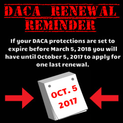 justsomeantifas:  Image reads:DACA Renewal ReminderIf your DACA protections are set to expire before March 5, 2018 you will have until October 5, 2017 to apply for one last renewal. Spread this image or info on all your social media! Make sure everyone