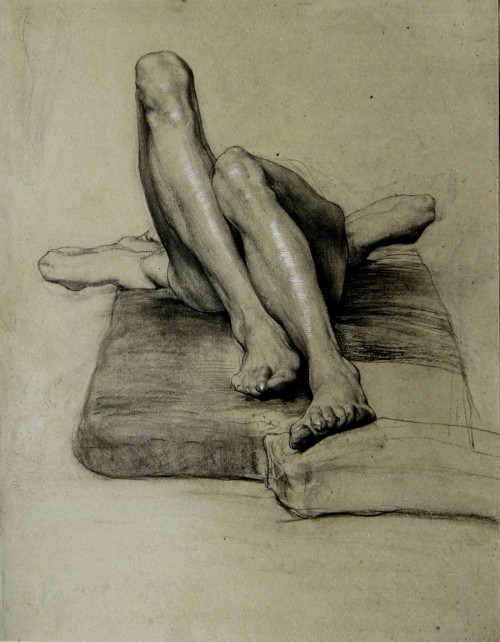 hadrian6:    Untitled : Study of a Reclining Male Nude with tucked up legs. 1894.  Sascha Schneider. German 1870-1927.  pencil and charcoal with white highlights on grey paper.     http://hadrian6.tumblr.com