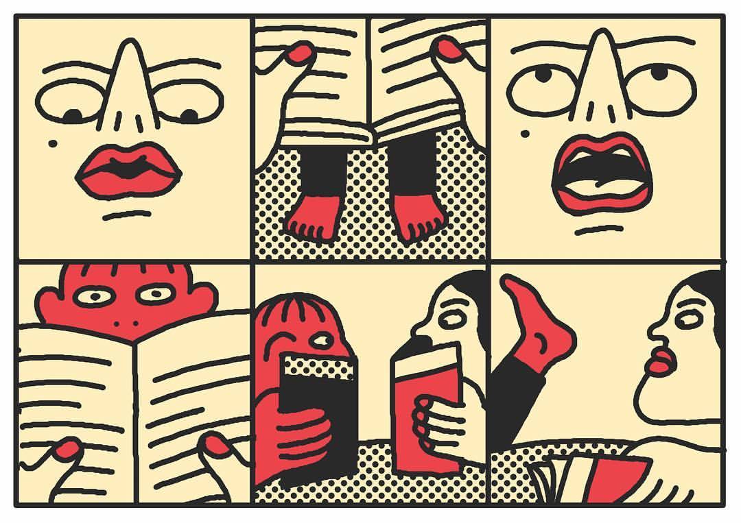 Weekly strip for @m_magazine about reading books 📖👀#illustration #comics #strip #pourmlemagazinedumonde #book #books #read #reading #library #foot #behindthebook #chin #hideandseek #red #strange #stranger