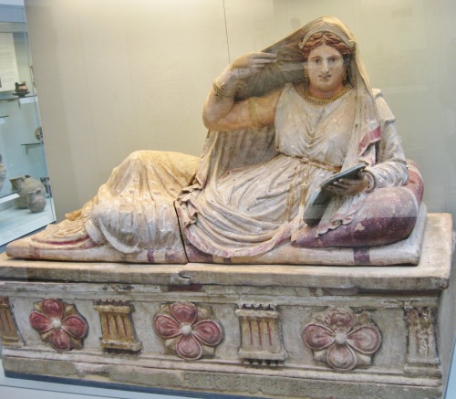 clioancientart:Etruscan painted terracotta sarcophagus of a woman named Seianti Hanunia Tlesnasa. Ab