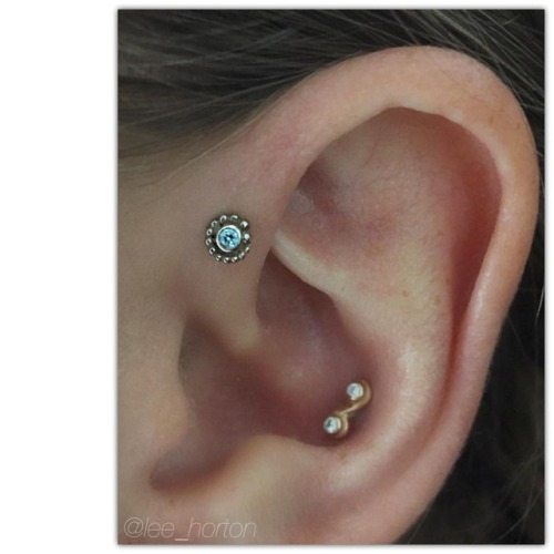 #forwardhelix #piercing with a Solid 14k White Gold Tiny Beaded Swirl featuring a 1.5mm Blue Zircon 