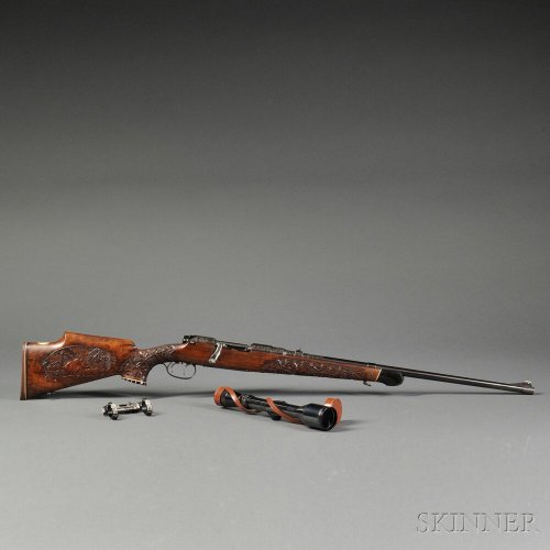 Engraved and relief carved Austrian Model 1952 Mannlicher Schoenauer bolt action hunting rifle.from 