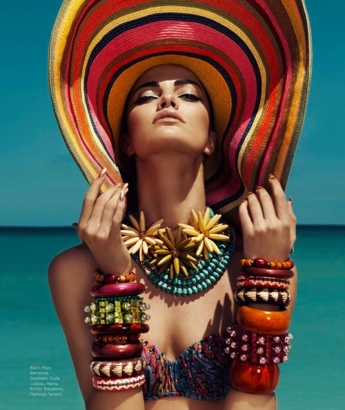 fashionalistick:  VUELOS DE COLORES QUE TE LLEVAN DIRECTO AL PARAÍSOBarbara Fialho by Danny Cardozo for Harper’s Bazaar Mexico July 2013 (1) Vitamina A bikini, Alexander McQueen cape, House of Flora collar(2) Pilyq Barcelona bikini     (3) Tommy