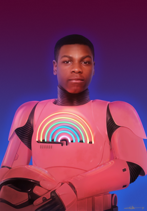 euclase: Finn, drawn in PS. The process of this has been added to my process page. 💛💛 [Caption: A realistic digital painting of Finn from Star Wars. Portrait is from the waist up. Finn is dressed as a Stormtrooper in pink plastic armor dirtied from