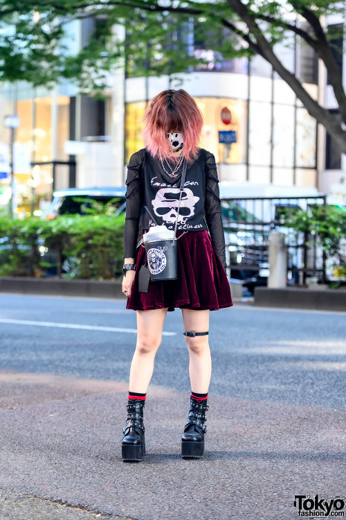 tokyo-fashion:  20-year-old  apparel industry staffers Paseri and Sio on the street in Harajuku wearing fashion including a KRY Clothing cropped hoodie with ears, Qooza accessories, a Killstar bag, Jamie Ank platforms, Funky Fruits, Shiro Neko, and Thank