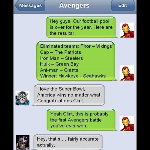 #textfromsuperheroes #hawkeye #ironman #captainamerica #avengers #marvel #marvelcomics #superbowl