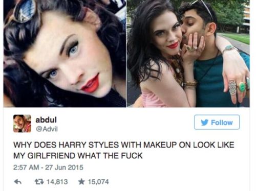 “¿Por qué es que Harry Styles con maquillaje se parece a mi novia? ¿¡Qué car*jo!?