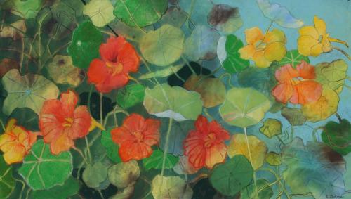 huariqueje: Nasturtium   -    Loes Botman Dutch,b.1968-Pastel on paper on wood panel, 100 x 150 cm.