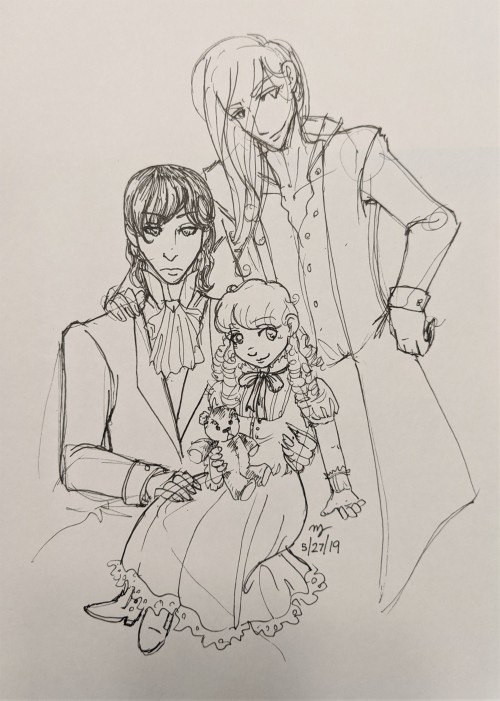 Old art from last year.  The Promised Neverland band AU, vampire family portrait, and Jotun Loki.