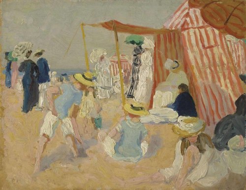 oncanvas:Sur la plage (On the Beach), Ethel Carrick, 1910Oil on board10 ⅝ x 13 ¾ in. (27 x 35