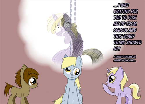 outofworkderpy:  Dinky: …I-I don’t know! XD Derpy: Lets go home. its been a loooooooong day. -_-‘ (( Guest Colab Artist: inqusitivecolt did the foreground Dinky, Derpy and his OC Inquisitive Colt, panels 2-5! He also did the original drawing from