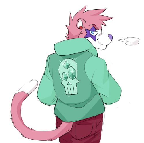 vasukiart:  my newest character - Usaku, a pink stoat who is sort of an alt fursona to Vasuki. he’s the lead singer of an emo pop band called Glitter Skeleton and he is a huge flirt.