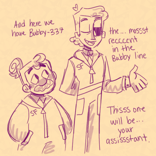 [ID: doodles of coomer and bubby meeting when they are young in the stellar firma AU. in the first p