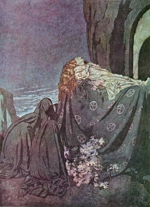 saltatio-crudelitatis:  Illustrations for Edgar Allan Poe’s poems by Edmund Dulac - “The Raven”, “To Helene”, “Alone”, “Lenore”, “To One in Paradise”, “Annabel Lee”