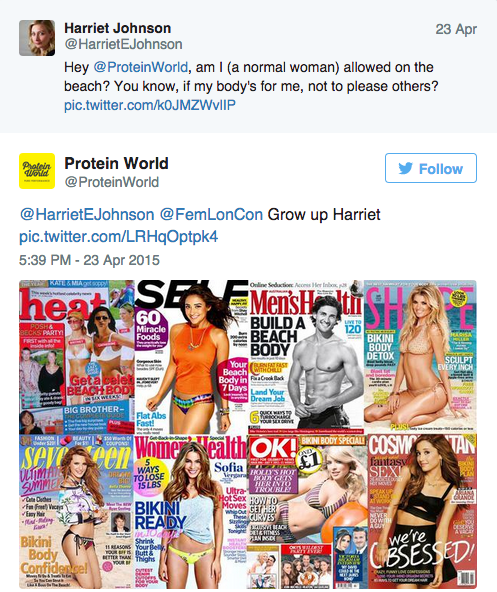 neutral:  phemur:  Protein World’s ad campaign, which features a woman in a bikini and various products in the company’s “weight loss collection,” asks the question: Are you beach body ready? This has sparked an online backlash in which more than