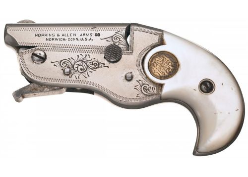 Hopkins and Allen vest derringer with pearl grips, manufactured between 1905 and 1911.Sold at auctio
