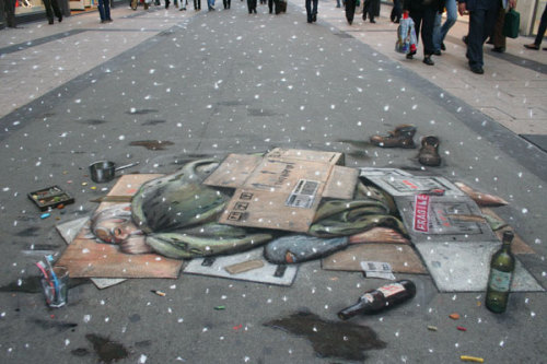 unknowngenre:  3D Pavement Drawings by Julian Beever  Anamorphic illusions are drawn in a special distortion in order to create an impression of 3 dimensions when seen from one particular viewpoint.  more 