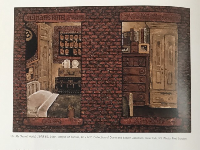 Painting of Wong’s room seen from outside. Brick building with two windows showing interior of his room. Above the left window, it reads AM33 Meyers Hotel. A bed and a couple of his paintings on the wall, a drawer chest and closet are depicted in this painting.
