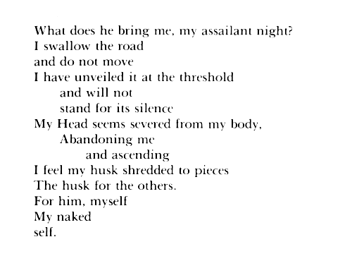 Therese ’Awwad, What does he bring me, my assailant night? (tr. Kamal Boullata)