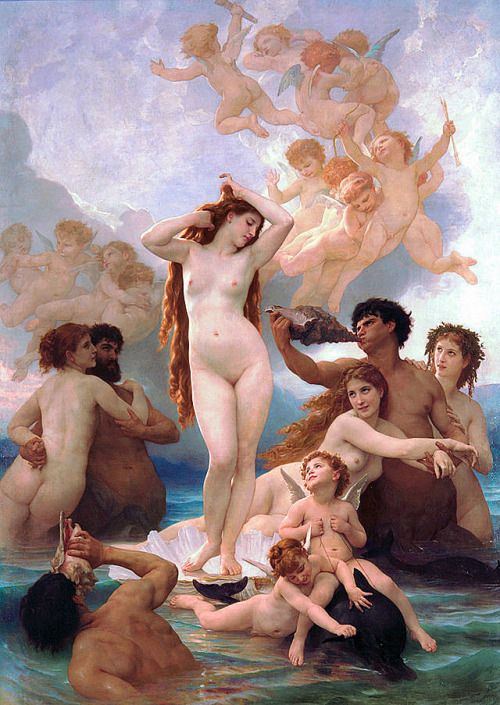 baciodellarte:The Birth of Venus, circa 1879, William-Adolphe Bouguereau The Birth of Venus (French: La Naissance de Vénus) is one of the most famous paintings by 19th-century painter William-Adolphe Bouguereau. It depicts not the actual birth of Venus