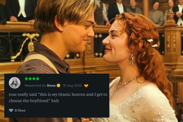 [id: photo of jack and rose in heaven, in the final scene of 1997 titanic. a letterboxd review covers the bottom part of the image. it reads: rose really said this is my titanic heaven and i get to choose the boyfriend huh. end id]