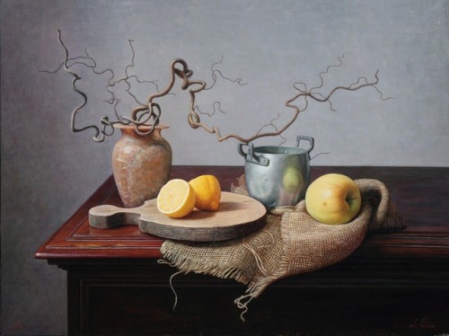 “Still life with onions, lemon” (Italy, 2011) Oil on wood, By Licio Passon