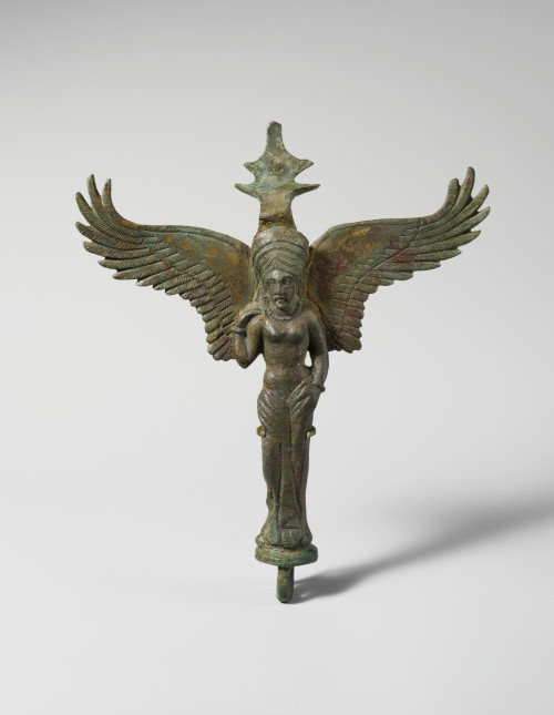 fishstickmonkey:Bronze patera handle in the form of LasaPeriod: Late ClassicalDate: 4th century B.C.