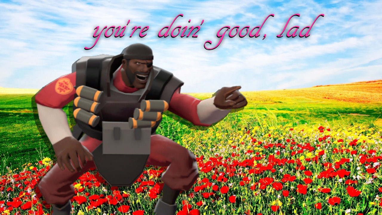 a picture of a pointing demoman in front of a field of flowers. it has cursive text on it that says 'you're doin' good, lad'