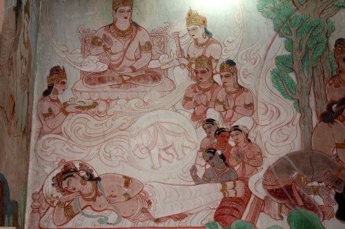 The dream of Queen Maya, the mother of Buddha.Mural at Mulagandhakuty Vihara, Sarnath