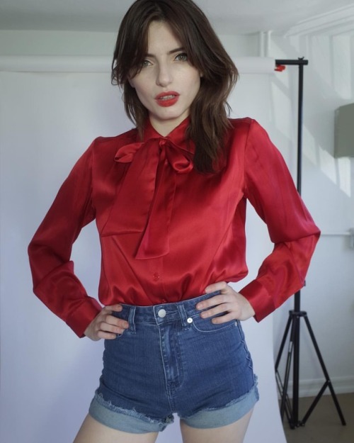 The Red Silk Bow Blouse and High Waisted Denim Shorts worn by @ayomissd Photo by me. Use the code: S