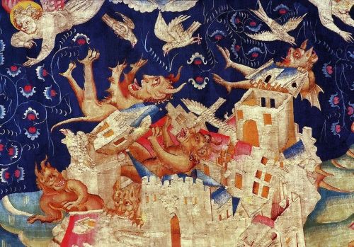 renaissance-art:The Apocalypse Tapestry is a 14th century French work commissioned by the Duke of Anjou. In over 90 scen