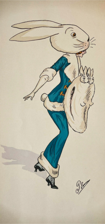 Plum Pochoir Illustration ‘Dame à la coiffe lapin blanc’  Paris, ca.1910.&ls