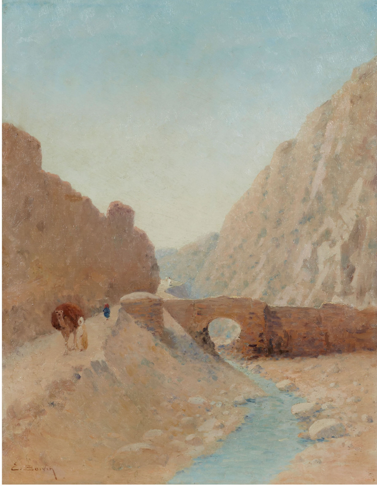 Emile BOIVIN (1846-1920)
Début d'une caravanne longeant l'Oued
Huile sur toile signée en bas à gauche “ E. Boivin”
H: 60.0 x L: 47.0 cm -