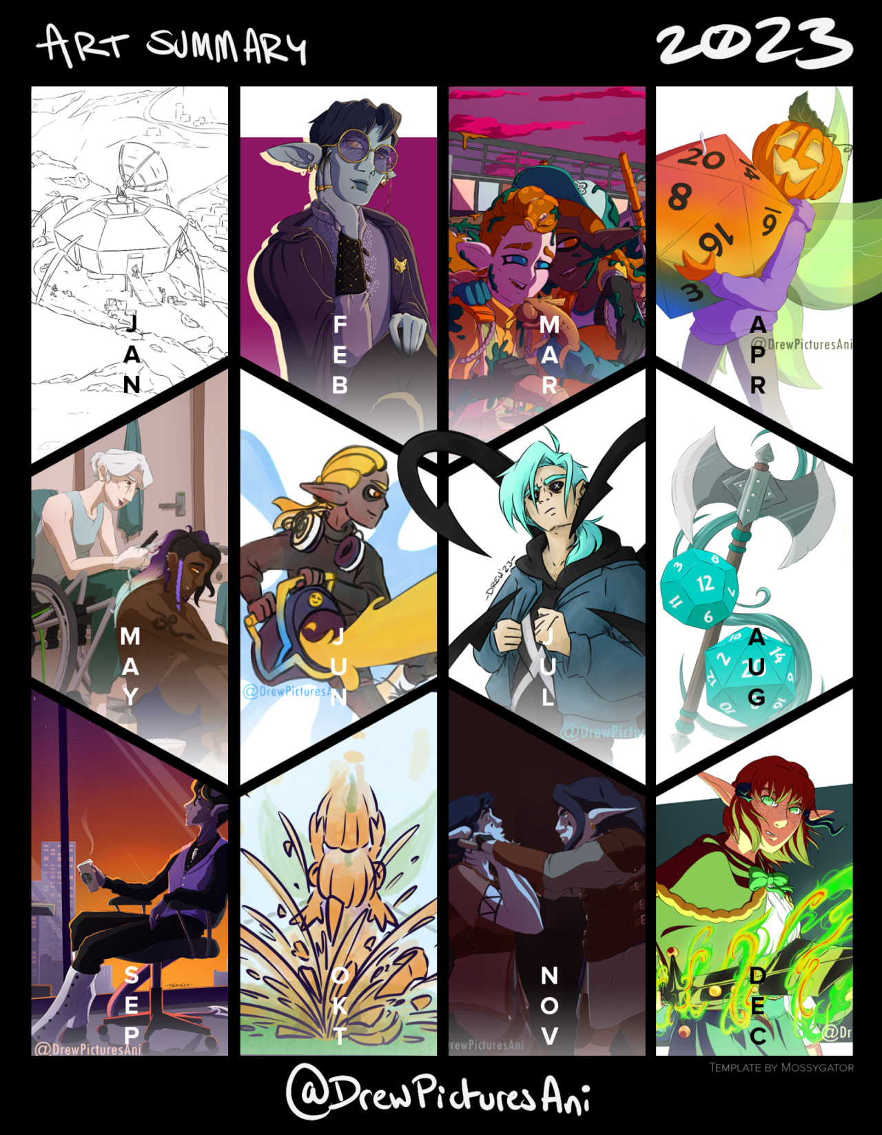 A 4 by 3 grid featuring a selection of art pieces, one drawn for each month of the year in 2023. January features a line drawing of a space ship sitting on a rocky landscape. February features a grey-skinned elven man wearing fashionable clothes. March features an inkling and an octoling from the video game Splatoon, covered in ink and laughing together. April features a faerie with a jack-o-lantern for a head, holding a giant D20 shaped candle. May shows two people sat in a bathroom, one combing bleach into the other's hair. June is a coloured sketch of an inkling using a slosher bucket. July is a coloured sketch of a person with cyan hair and spiked tentacles coming out of their back. August shows a sticker design featuring a great axe and some gaming dice. September is an illustration of a Tiefling leaning back in an office chair in front of a sunset seen through the window. October is a chaotic doodle of the same faerie as earlier throwing their jack-o-lantern head to the floor, where it explodes. November is an illustration of two sea elves, one pinning the other against a wall with his morningstar. December is an illustration of a young elven woman holding a sword that glows with a striking green light.