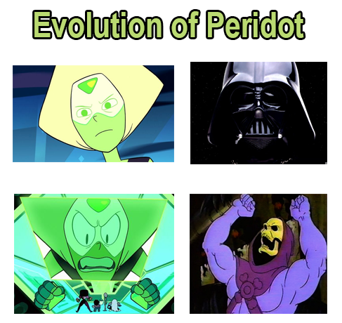 eyzmaster:  ironbloodaika:  charlesoberonn:  Evolution of Peridot  HA!  #prettymuch