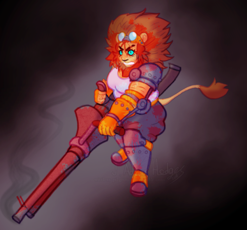 so random drawing of a lion lady with a huge gun, added in blood and scratchs to the armour and boom