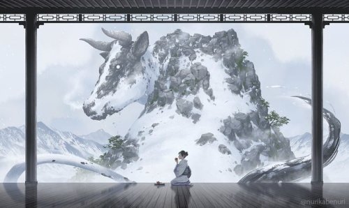 Year of the Ox, serene yet powerful illustration by Nurikabe. I love how the mountains rocks become 